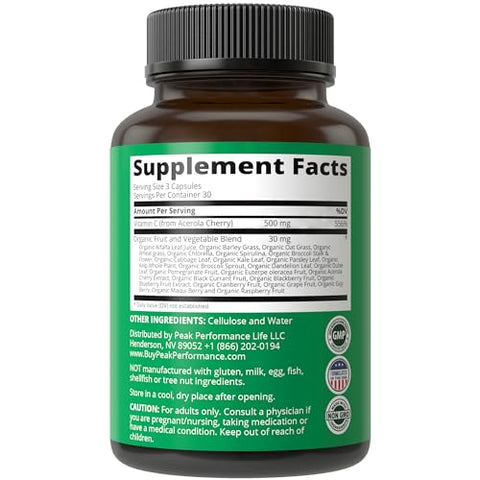 Cápsulas de Vitamina C Natural de Acerola para Máxima Absorção. Suplemento Vegano de Vitamina C dos EUA. 90 Comprimidos. 500 mg por Porção ou 2 Porções - Peak Performance