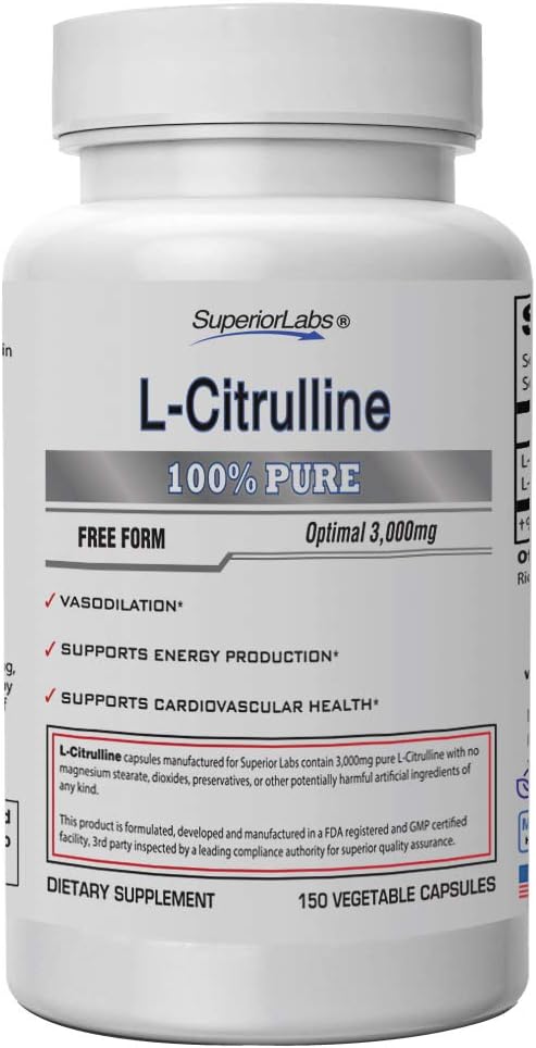 L-Citrulina Pura – Forma Livre – Dosagem Ótima de 3.000mg – 150 Cápsulas Vegetais – Suporta Vasodilatação, Produção de Energia e Saúde Cardiovascular - Superior Labs