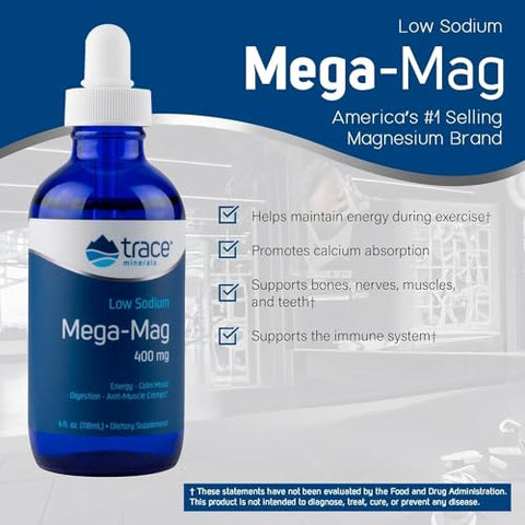 Mega-Mag 400 mg Cloreto de Magnésio Líquido | Suporta a Função Muscular Normal | 30 Porções, 120 ml (1 Pacote) - Trace Minerals