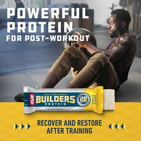 CLIF BUILDER'S - CLIF Builders – Barra de Proteína à Base de Plantas – Sabor Baunilha Amêndoa – Sem Glúten – Não-OGM – Baixo Índice Glicêmico – 20g Proteína – 68g (12 Unidades)