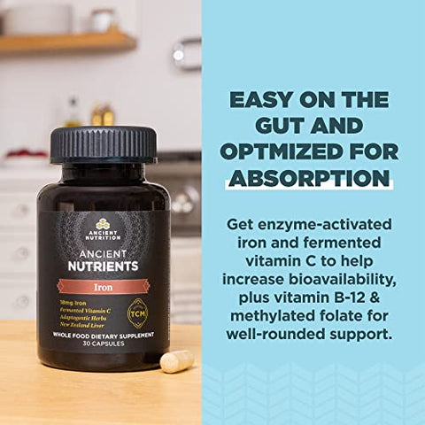 Suplemento de Ferro Ancient Nutrition, 18mg por Porção, Suporte contra Fadiga e Estresse, Ervas Adaptogênicas, Ativado por Enzimas, Paleo