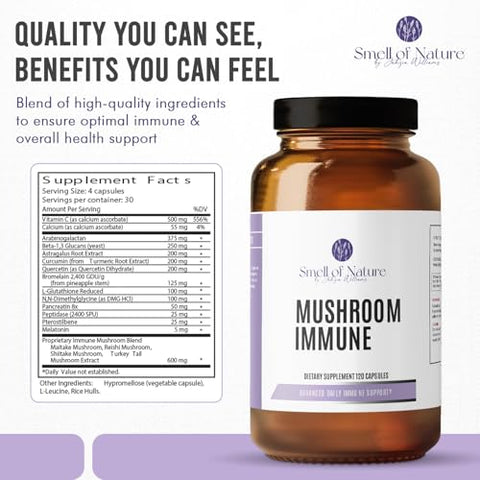 Smell of Nature - Mushroom Immune – Suporte Avançado ao Sistema Imunológico com Maitake, Reishi, Shiitake, Turkey Tail, Vitamina C | Marca: Mushroom Immune