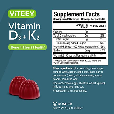 Viteey - Vitaminas D3 K2 Gummies – 1000 UI de Vitamina D3 e K2 100mcg – Fortalecimento Ósseo