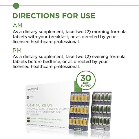 AM PM – Multivitamínico Natural AntiAging para Homens e Mulheres – Suporte à Saúde Celular, Células-Tronco, Energia e Sono – com Vitaminas Vegetarianas de Alimentos Integrais, Antioxidantes e Probióticos - Healthycell