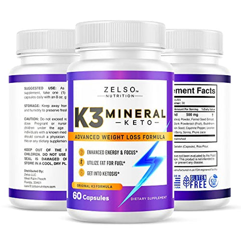 ZELSO - K3 Mineral Weight Loss Pills – 5 Pack para Mulheres e Homens – Sal Mineral K3, Cápsulas de Vitamina K3 para Suplemento de Perda de Peso Keto – Fornecimento de 5 Meses