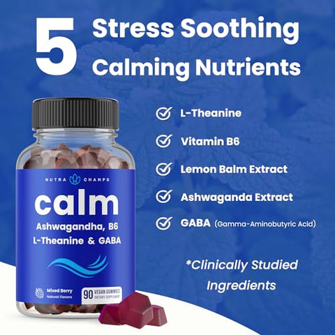 NutraChamps - Calm Gummies | Suplemento de Gomas para o Estresse com Ashwagandha, L-Theanine, GABA, Vitamina B6 | Marca em Destaque