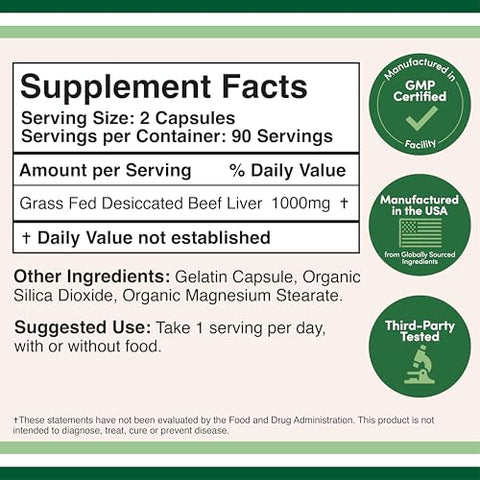 Double Wood Supplements - Cápsulas de Fígado Bovino (1.000mg de Fígado Bovino Desidratado de Pasto por Porção, 180 Cápsulas, Suprimento de 3 Meses) – Digestão, Saúde Imunológica, Energia