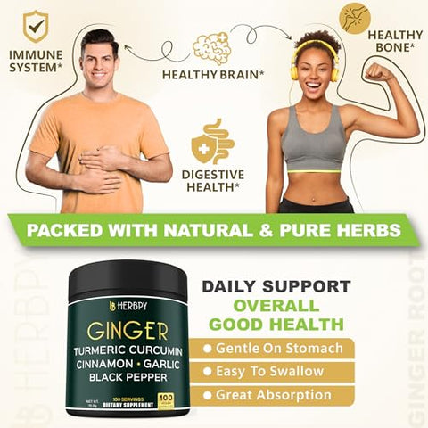 Herbpy - Suplemento de Gengibre 5 em 1 7550mg com Canela do Ceilão, Curcumina de Açafrão-da-terra e Alho Bulbo – Marca em Destaque