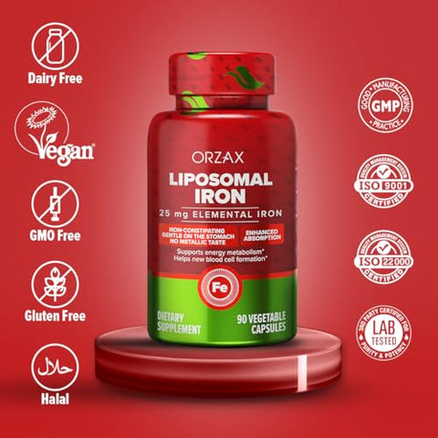 Suplemento de Ferro 25 mg – Tecnologia Lipossomal – Alta Bioacessibilidade 90 Cápsulas Vegetais, Auxilia na Produção de Novas Células Sanguíneas, Não Causa Constipação, Não-OGM - ORZAX