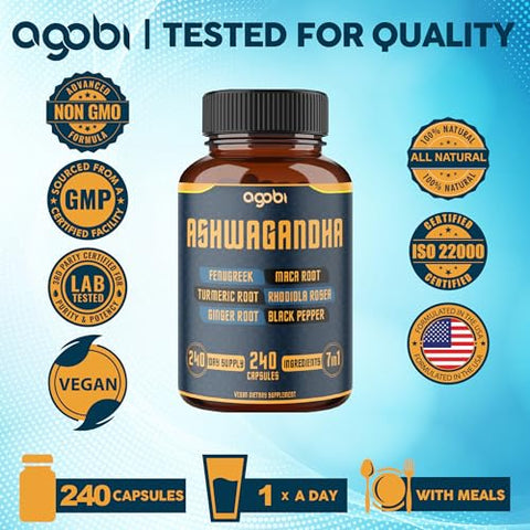 agobi - Ashwagandha 8050mg – 240 Cápsulas – 8 Meses de Fornecimento – 7 em 1 com Fenugreek, Maca, Cúrcuma, Rhodiola, Gengibre e Pimenta Preta – Suporte para Humor, Força, Espírito e Energia