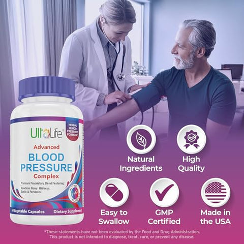 ULTALIFE - Suplemento Avançado para Pressão Arterial – Complexo de Suplementos para Pressão Arterial – Espinheiro, Hibisco, Alho, Forscolina – 14 Vitaminas