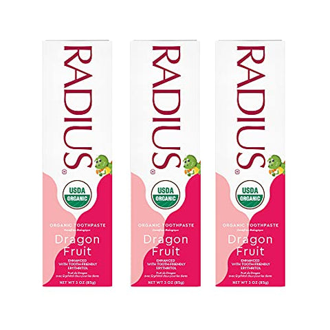 Pasta de Dente Orgânica para Crianças 85g Livre de Químicos Tóxicos e Glúten, com Dragon Fruit, para Melhorar a Saúde das Gengivas de Crianças a partir de 6 Meses – Pacote com 3 - RADIUS