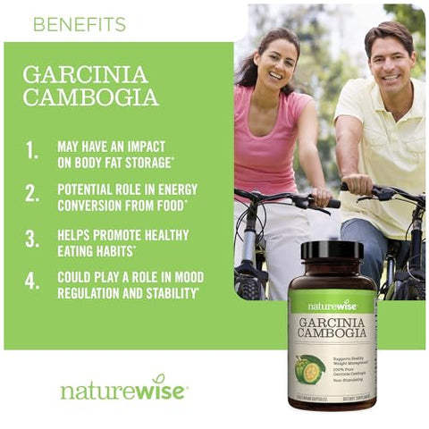 NatureWise - Naturewise Garcinia Cambogia Extrato Natural – Concentração de 60% HCA – Suporte Natural para Metas de Peso e Energia – Vegano, Não-OGM, Livre de Glúten – 90 cápsulas