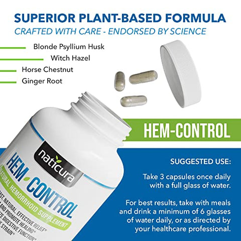 Naticura - Hem-Control – Tratamento Rápido e Eficaz para Hemorroidas – Fórmula Poderosa para Aliviar Sintomas, Reduzir Hemorroidas e Aliviar Desconforto – 90 Cápsulas Veganas – Feito