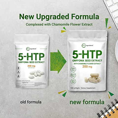 5-HTP 200mg com Extrato de Flor de Camomila, 180 Cápsulas, Fórmula 2 em 1, 98%% Extrato de Semente de Griffonia, Potencializado com Camomila | Altamente Bioabsorvível para o Humor, Melhora do Sono e Bem-Estar - Micro Ingredients