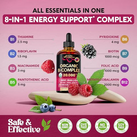 NUTRAHARMONY - Vitamina B-Complexo B5 Ácido Pantotênico | B12 Metilcobalamina | B1 Tiamina | B6 Piridoxina | B7 Biotina | B9 Ácido Fólico | B3 Niacinamida – Gotas Líquidas de Complexo B Orgânico USDA, Feito em
