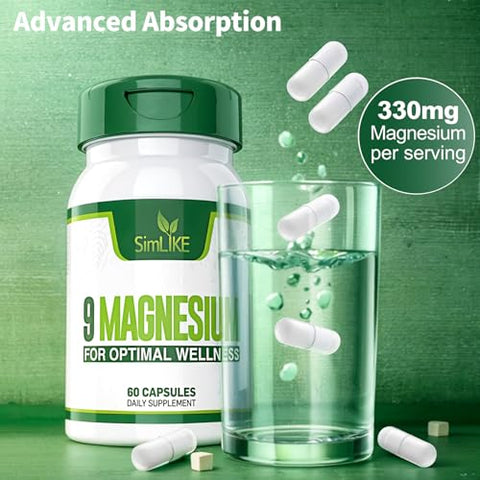 Simlike - Suplemento de Magnésio com 9 Formas de Alta Absorção: L-treonato, Glicinato, Citrato, Malato e Mais para Suporte Muscular e Cerebral, Livre de Transgênicos, Sem Glúten – Marca em Destaque