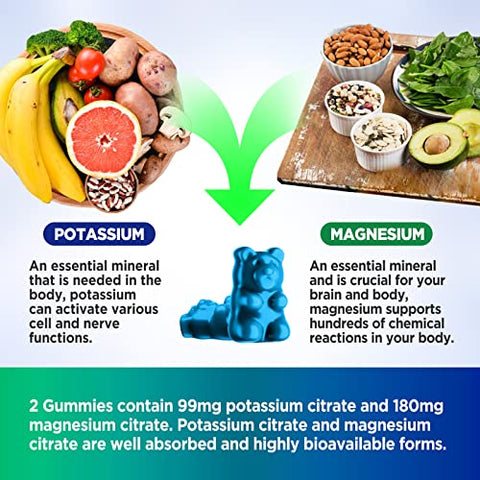 HOLLEGEND - Gomas de Potássio e Magnésio, Alta Absorção Citrato de Potássio 99mg Citrato de Magnésio 180mg, Suplementos Mastigáveis para Cãibras nas Pernas