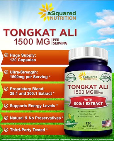 Tongkat Ali 1500mg – 120 Cápsulas – Extrato de Longjack (Eurycoma Longifolia) – Marca aSquared Nutrition - aSquared Nutrition