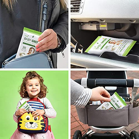 Yugi Baby Green - Baby Green Wipes Orgânicas Compostáveis e Biodegradáveis sem Fragrância – Pack de Viagem (12 Packs de 20) 240 para Pele Sensível