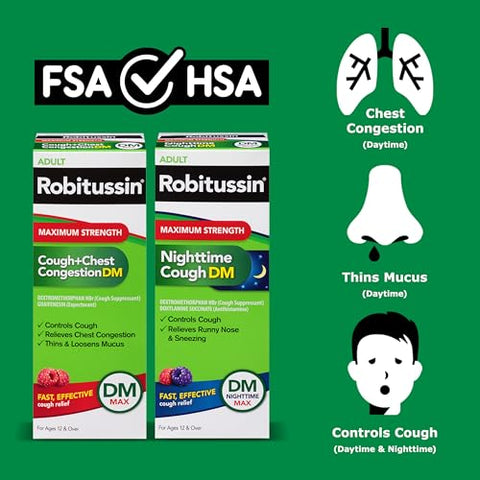 DM Max Tosse e Congestão no Peito + Robitussin DM Tosse Noturna Máxima, Fórmulas para Adultos – 2 x 8 Fl Oz Frascos - Robitussin