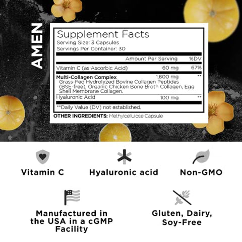 Multi Colágeno Cápsulas com Ácido Hialurônico e Vitamina C – 5 Tipos de Proteína de Colágeno Tipo I, II, III, V, X – Hidrolisado de Pasto – 18 Aminoácidos – Colágeno - Amen
