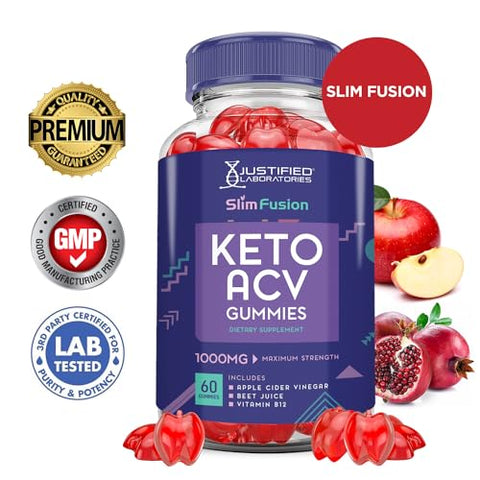 Justified Laboratories - Slim Fusion Keto ACV Gummies 1000MG Avançado Fórmula de Gomas Slimfusion Keto com Vinagre de Maçã, Romã e Beterraba em Pó B12 Vegano Não GMO 60 Gomas