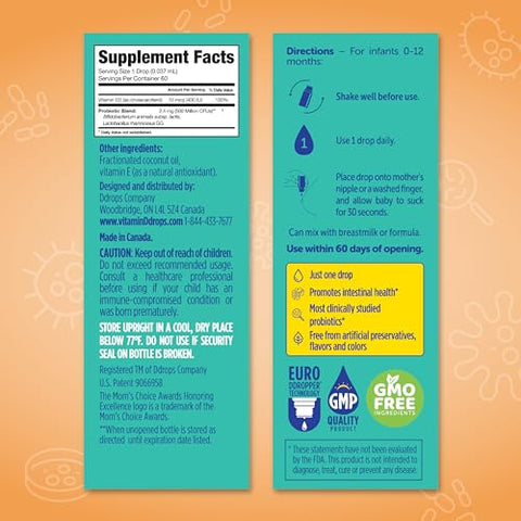 Baby Probiótico com Vitamina D, 60 Gotas – Alívio dos Sintomas de Cólica para Recém-Nascidos e Bebês – Fácil de Usar, Apenas Uma Gota Diária, Sem Açúcar, Não-OGM, Amigo das Alergias - Ddrops