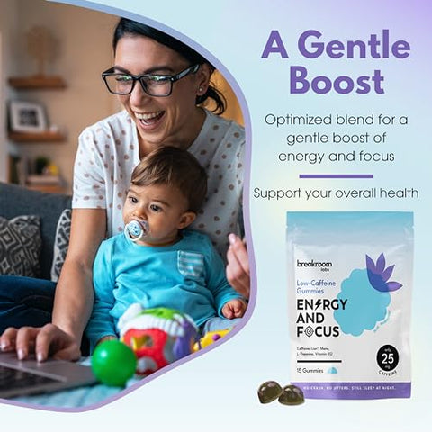 Breakroom Labs - Gummies Energéticos com Baixo Teor de Cafeína e Foco, Vitamina B12, Lion’s Mane, L-Theanine – Baixo Açúcar, Sem Carboidratos, Sem Glúten, Vegano – Energia Nootrópica em Mastigáveis – Sabor Blue Raspberry, 15g