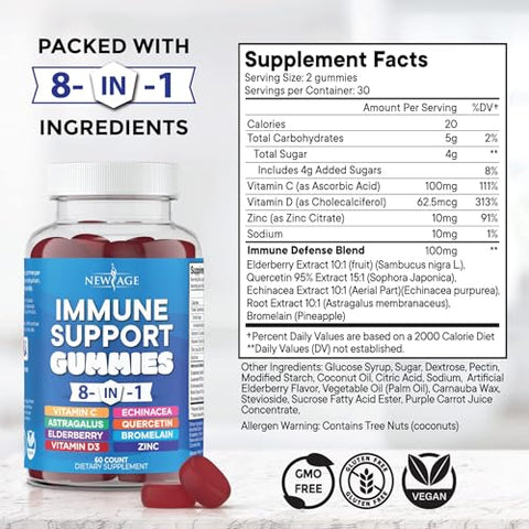 NEW AGE - 8 em 1 Suplemento Reforço Imunológico com Sabugueiro, Vitamina C e Zinco 50mg, Vitamina D 5000 UI, Cúrcuma Curcumina