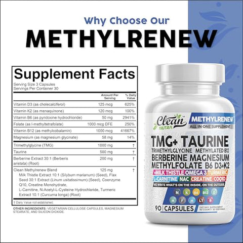 Clean Nutraceuticals - Clean Nutra TMG Taurine – Multivitamina Metilada com Vitaminas B6, B12, D3 K2, Berberina, Magnésio, Metilfolato, Cardo de Leite, Ômega 3, Cúrcuma, NAC e L-Carnitina | Marca Clean Nutra