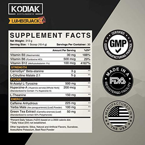 Kodiak Supplements - LUMBERJACKED Pré-Treino com CarnoSyn 30 Porções – Melhores Pumps, Força, Energia e Foco – Sem Queda (Pink Lemonade)