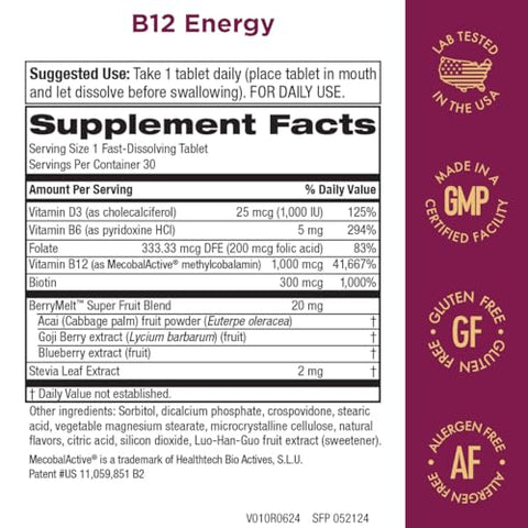 Melt de Limonada de Frutas Vermelhas com B-12 Energy – Vitamina B12 Methylcobalamin, B6, D3, Ácido Fólico e Biotina – Alta Absorção – 30 Tabletes Derretíveis - Purity Products