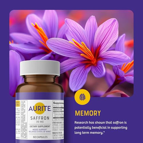 Aurite - Suplemento de Açafrão | Gerenciamento de Estresse, Suporte Herbal para o Humor, Memória de Longo Prazo, para Mulheres