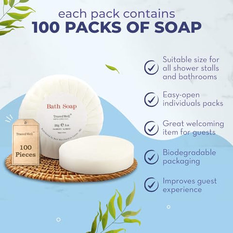 Sabonete em Barra a Granel Travelwell – Pacote com 100 unidades, Sabonetes de Viagem de 1,0 oz (28g) – Sabonetes Individuais Embalados para Hotéis – Ideal para Produtos de Higiene em Aluguel de Férias e Airbnb