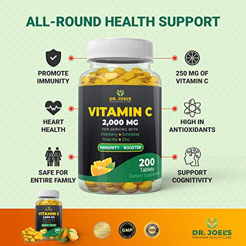 Dr. JOEL'S - Dr. JOEL’S Vitamina C 2000 mg – 200 Comprimidos – com Zinco, Sabugueiro, Rosa Mosqueta, Equinácea – Reforça o Sistema Imunológico – Fabricado nos EUA