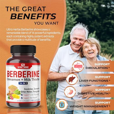 ULTRA HERBS - Premium Berberine 12,200MG com Canela, Cardo de Leite *Fabricado nos EUA | Berberina Premium 12,200MG com Canela e Cardo de Leite
