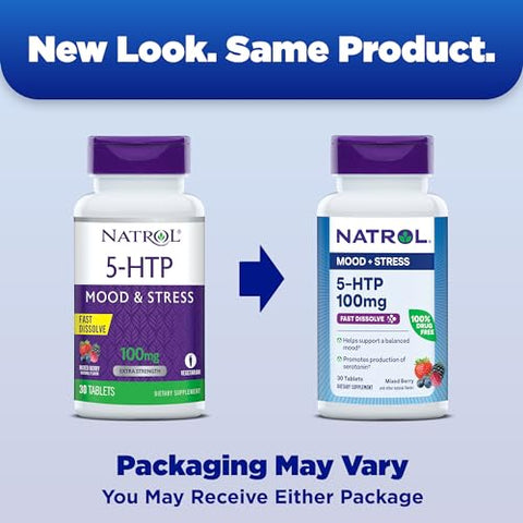 5-HTP Tabletes de Dissolução Rápida, Ajuda a Manter uma Mentalidade Positiva, Estimula a Produção de Serotonina, Livre de Medicamentos, Liberação Controlada, Máxima Potência, Sabor Frutas Silvestres 30 - Natrol