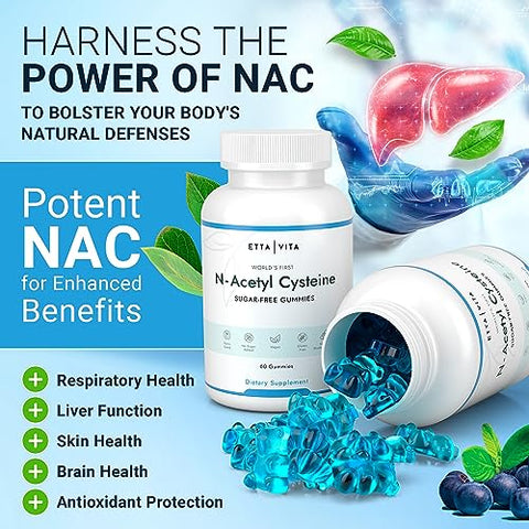 Etta Vita - Gomas NAC sem açúcar, suplemento de N-Acetil Cisteína (revestido com óleo MCT para absorção), suplemento NAC para saúde respiratória e desintoxicação do fígado