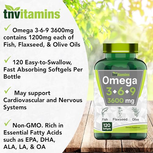 tnvitamins - Triple Omega 3◆ 6◆ 9: 3600mg x 120 Softgels | Ácidos Graxos Essenciais Ômega de Óleo de Peixe (EPA)
