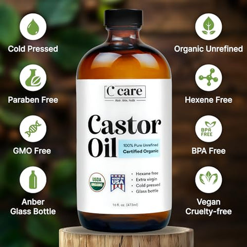 C CARE - Óleo de Rícino Orgânico Prensado a Frio Não Refinado em Frasco de Vidro Livre de Hexano Extra Virgem Certificado USDA 100% Puro Orgânico para Crescimento Capilar Sobrancelhas Cílios Pele Uso com