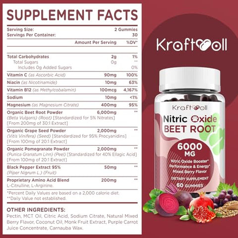 Kraftvoll - Gummies de Beterraba em Pó 6000MG – Sem Açúcar, Pó de Semente de Uva, Pó de Romã, Vitamina C e B12 – Sabor Misto de Frutas Vermelhas, 60 Gummies