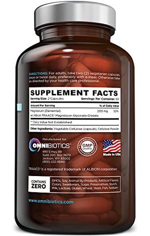 OmniBiotics - Suplemento de Magnésio Glicinato Albion TRAACS Bisglicinato Puro – 200 mg – 120 Cápsulas Vegetarianas