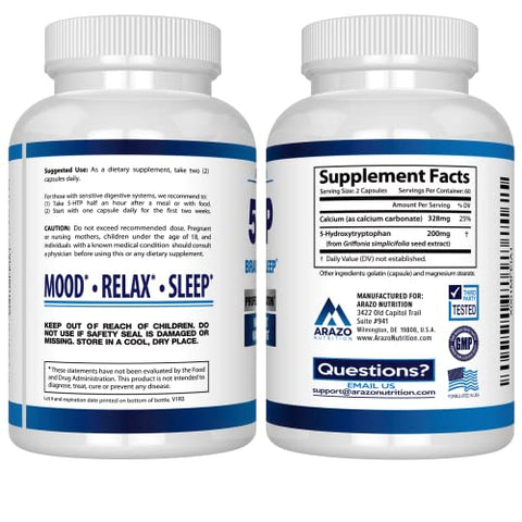 5-HTP 200 MG Plus Calcium – Suporte para Humor e Sono – Promove Calma e Relaxamento – Alta Pureza 99% – 120 Cápsulas - Arazo Nutrition
