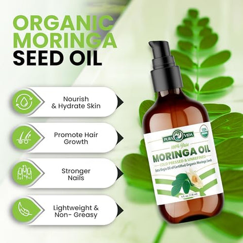 PURA VIDA MORINGA - Óleo de Moringa Orgânico 100% Puro para Rosto, Cabelo, Unhas e Pele Seca – Certificado USDA Extraído de Sementes de Moringa Oleifera de Origem Única – Testado por Terceiros, Extraído a Frio – 30ml