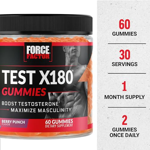 Test X180 Gummies – Suplemento de Testosterona para Homens com Tongkat Ali, Horny Goat Weed, Tribulus Terrestris e Fenugreek - Force Factor