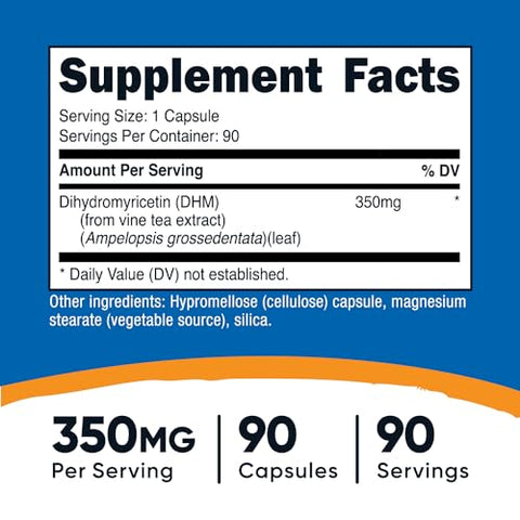 Dihydromyricetin (DHM) Cápsulas 350mg, 90 Unidades – Vegano, Não-OGM, 90 Porções - Nutricost
