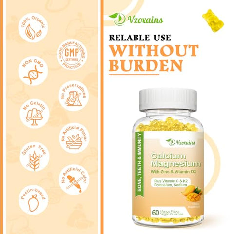 VZOXAINS - Gomas de Cálcio de Alta Absorção, Sem Açúcar, Suplemento de Cálcio e Magnésio com Vitamina D3 K2 para os Ossos