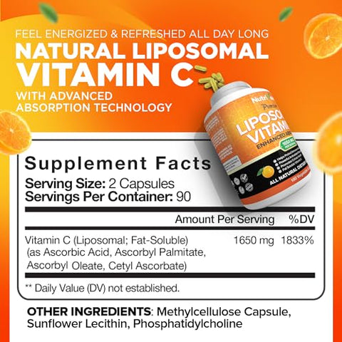 Vitamina C Lipossomal 1650mg – 180 Cápsulas – Ácido Ascórbico de Alta Absorção – Fortalece o Sistema Imunológico - Nutrivein