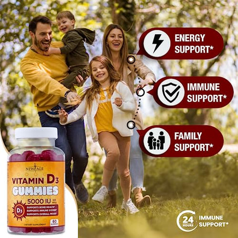 Gummies Vitamina D3 5000 UI 125mcg – Suporte Imunológico e Saúde Óssea – Sem OGM, Sem Glúten, Sem Laticínios, Sem Gelatina (120 Gummies – Pack com 2) - NEW AGE